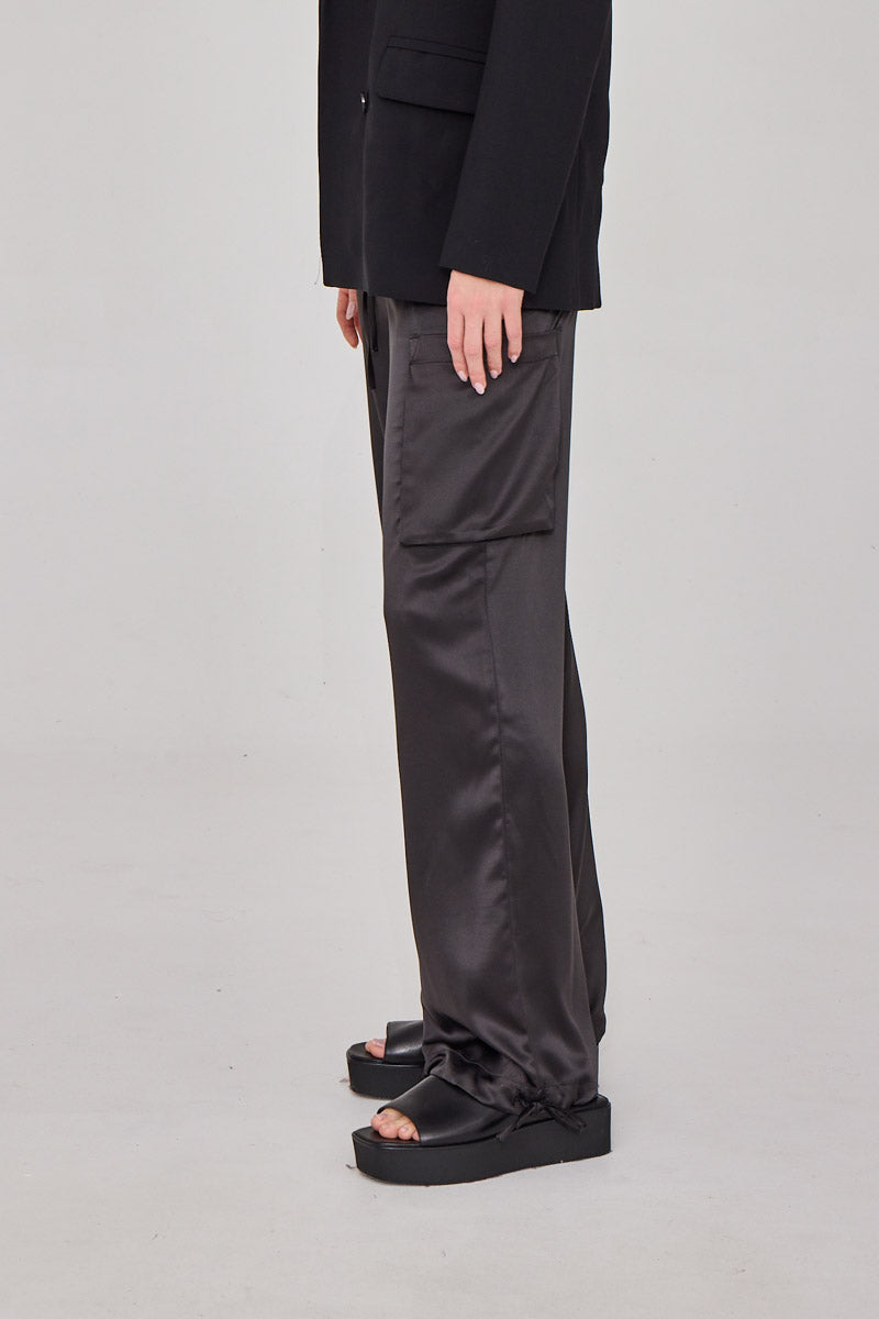 Robin Black Satin Trousers with Pockets