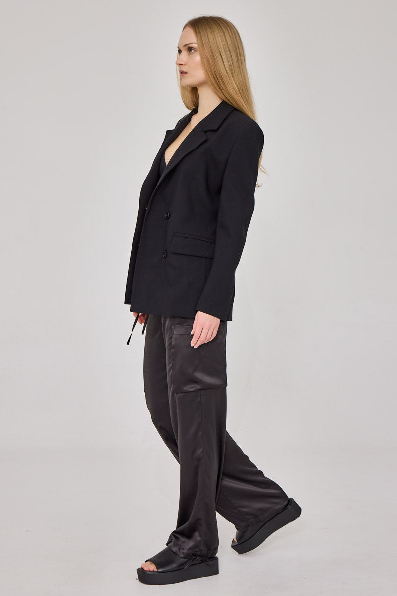 Robin Black Satin Trousers with Pockets