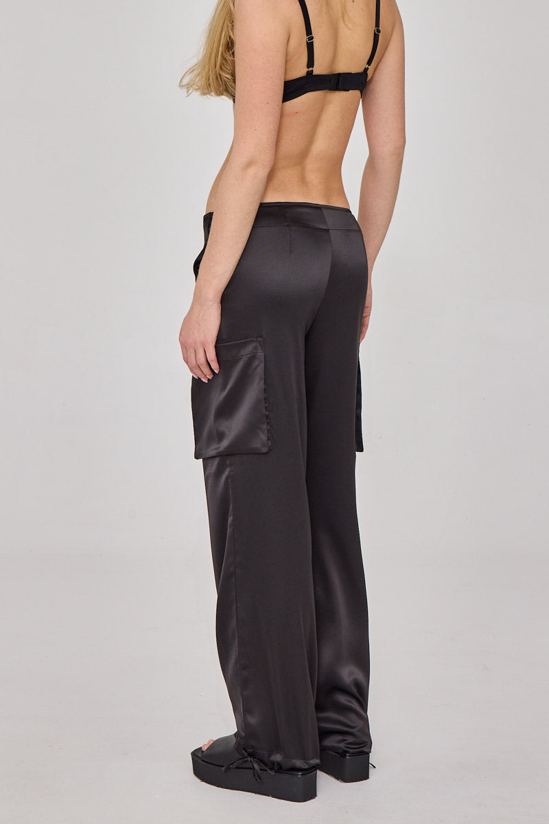 Robin Black Satin Trousers with Pockets