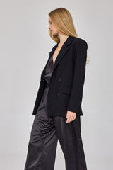 Czarny satynowy kombinezon z długimi nogawkami Lori