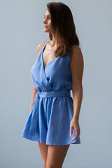 Niebieski kombinezon z lnu krótkie nogawki Layla