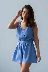 Niebieski kombinezon z lnu krótkie nogawki Layla