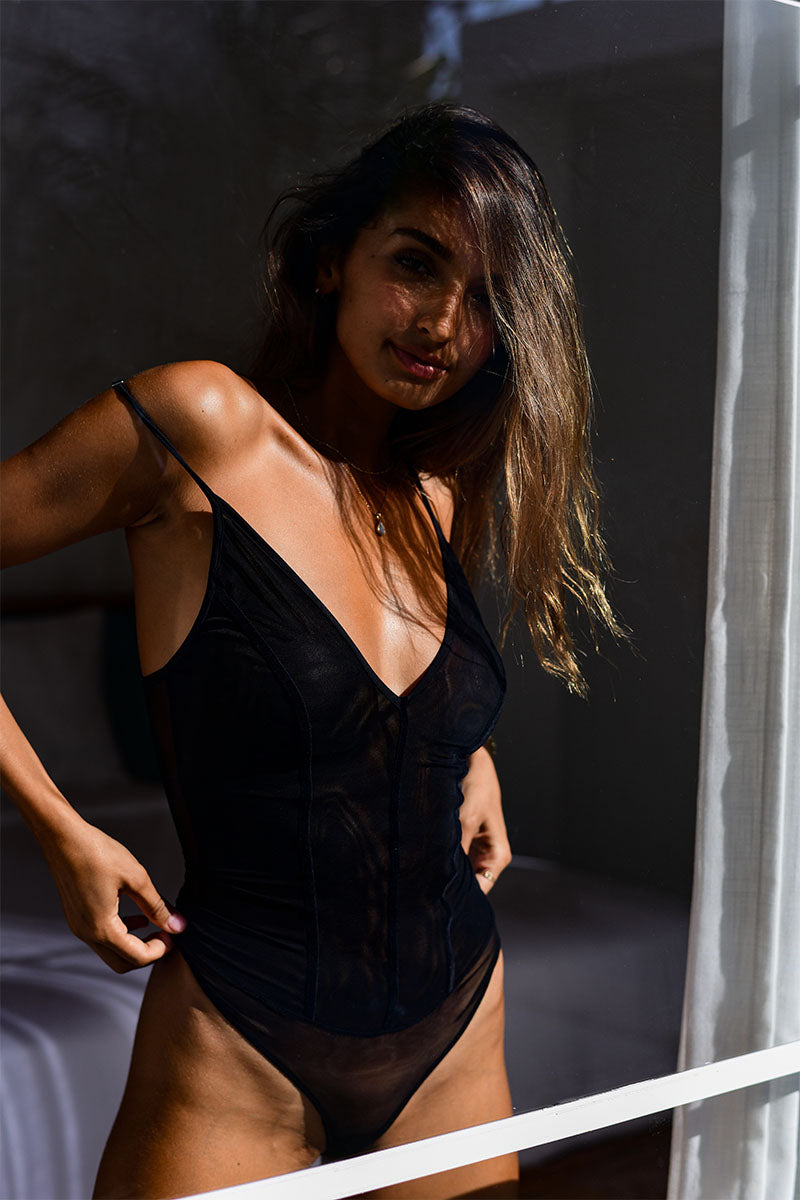 Kate Black Bodysuit - plunging neckline and open back - women's lingerie Love and Hate