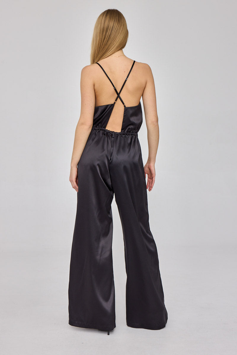 Czarny satynowy kombinezon z długimi nogawkami Lori